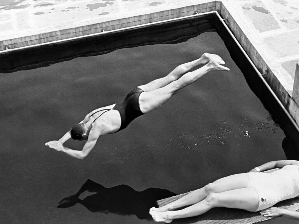 old fashioned swimmers in a pool
