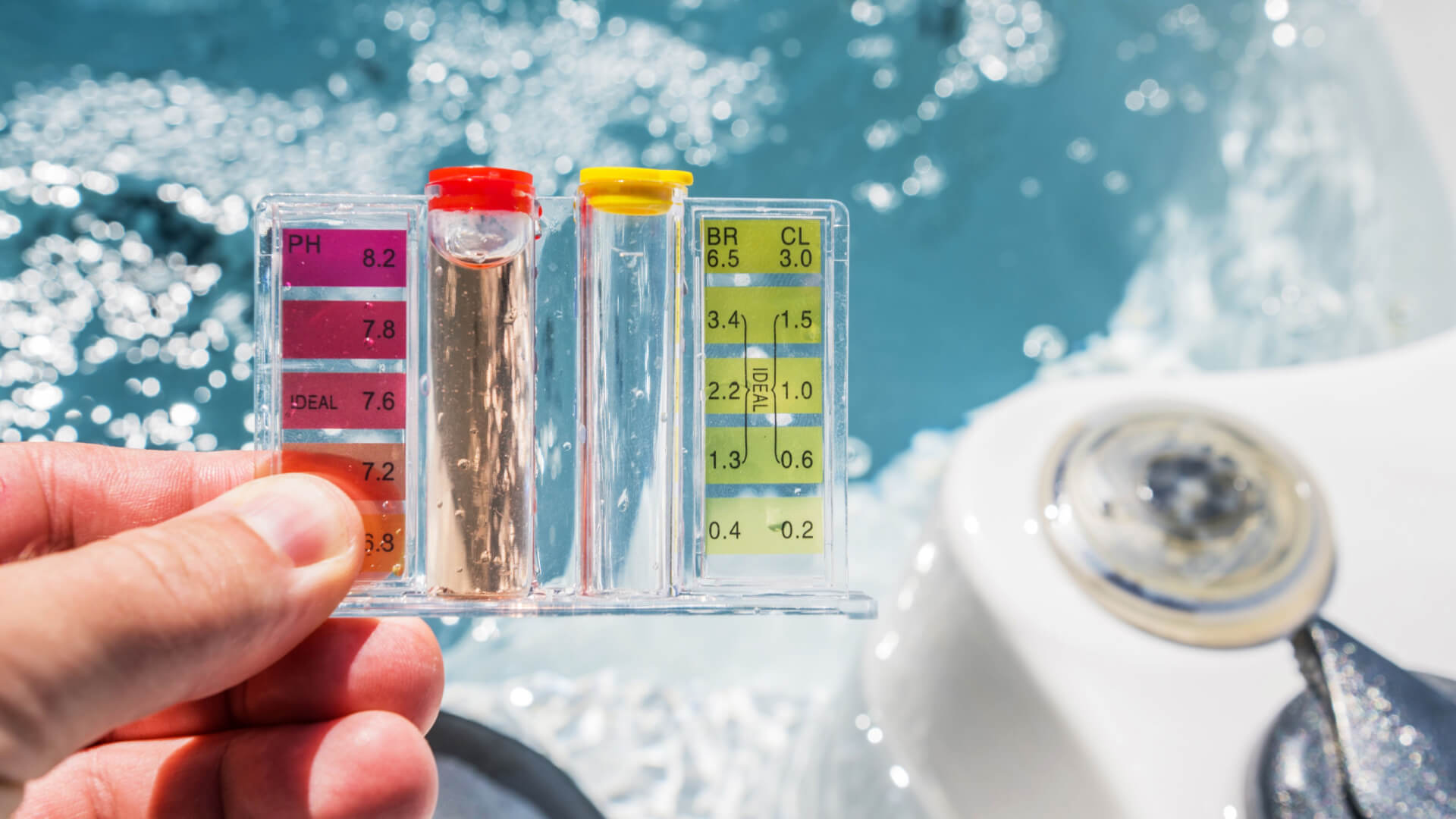 man checking chemical levels in overshocked spa